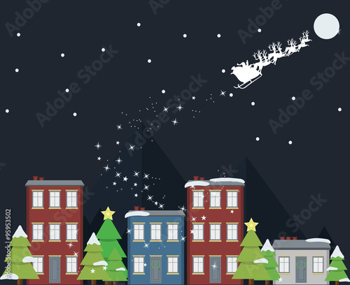 Merry Christmas greeting card design with buildings, Christmas tree, santa, snow, monkey, mountain and moon
