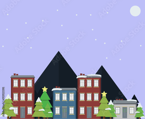 Merry Christmas greeting card design with buildings, Christmas tree, santa, snow, monkey, mountain and moon