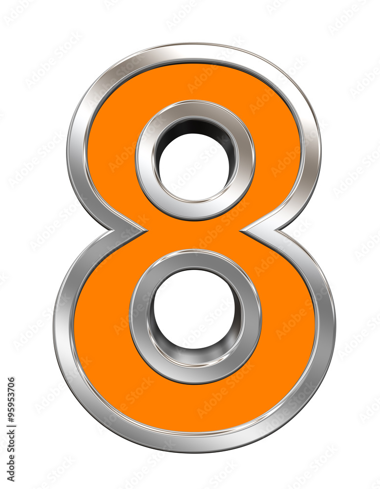One digit from orange with chrome frame alphabet set, isolated on white. Computer generated 3D photo rendering. One digit from orange with chrome frame alphabet set, isolated on white. Computer generated 3D photo rendering.