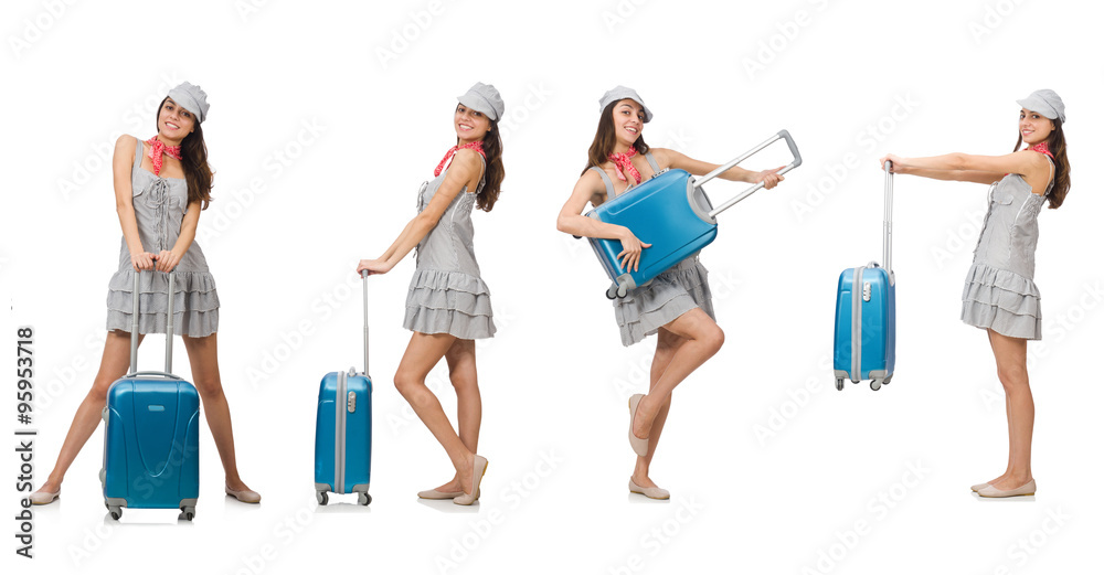 Fototapeta premium Travelling woman with suitcase isolated on white