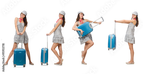 Travelling woman with suitcase isolated on white