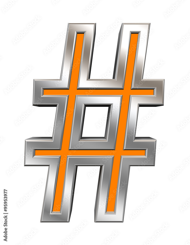 Obraz premium Number mark sign from orange with chrome frame alphabet set, isolated on white. Computer generated 3D photo rendering.