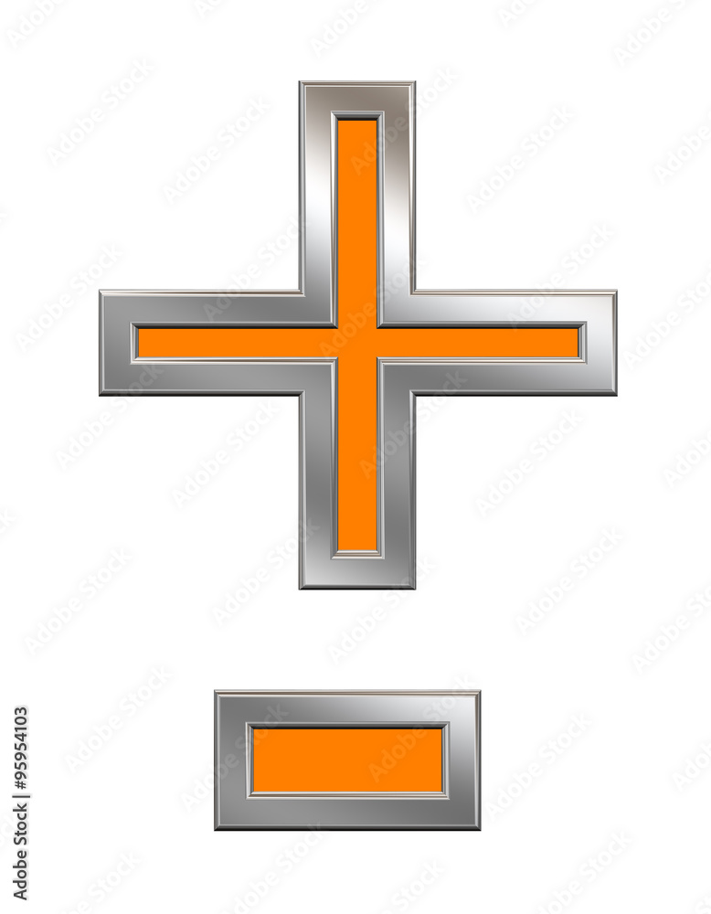 Fototapeta premium Hyphen, minus, plus marks from orange with chrome frame alphabet set, isolated on white. Computer generated 3D photo rendering.