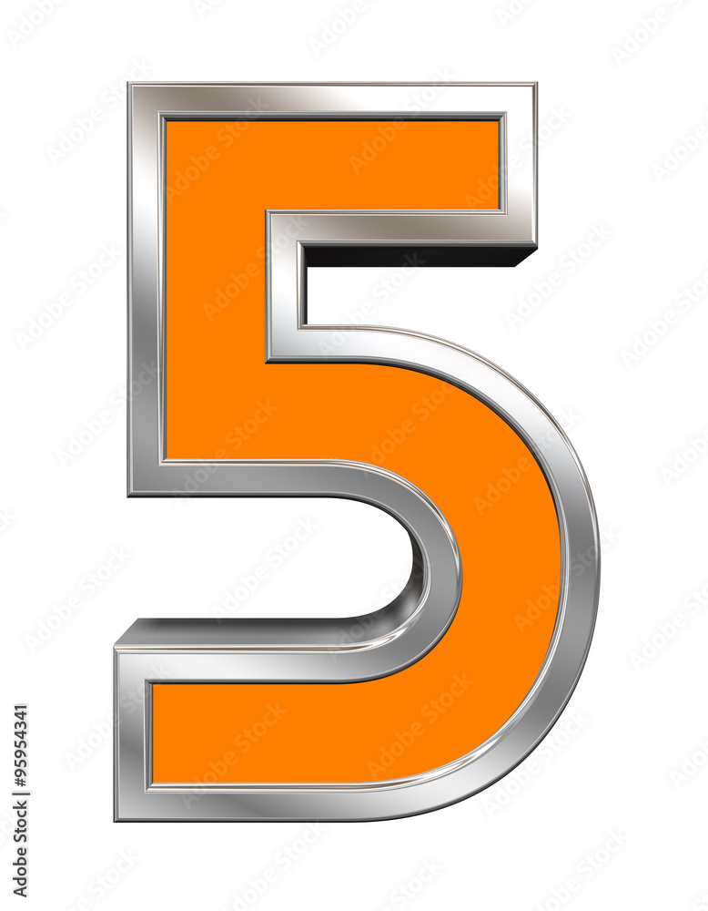 One digit from orange with chrome frame alphabet set, isolated on white. Computer generated 3D photo rendering. One digit from orange with chrome frame alphabet set, isolated on white. Computer generated 3D photo rendering.