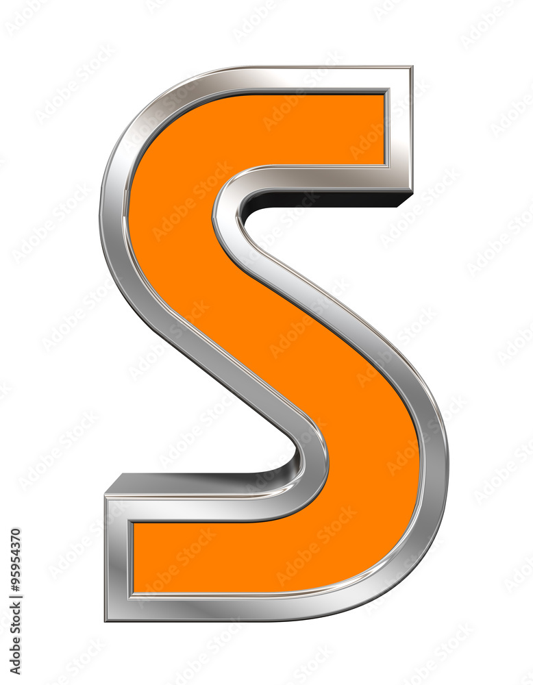 One letter from orange with chrome frame alphabet set, isolated on white. Computer generated 3D photo rendering. One letter from orange with chrome frame alphabet set, isolated on white. Computer generated 3D photo rendering.