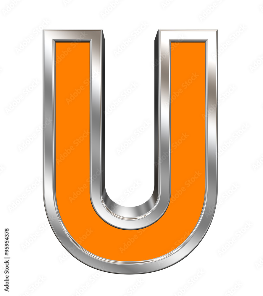 One letter from orange with chrome frame alphabet set, isolated on white. Computer generated 3D photo rendering.
