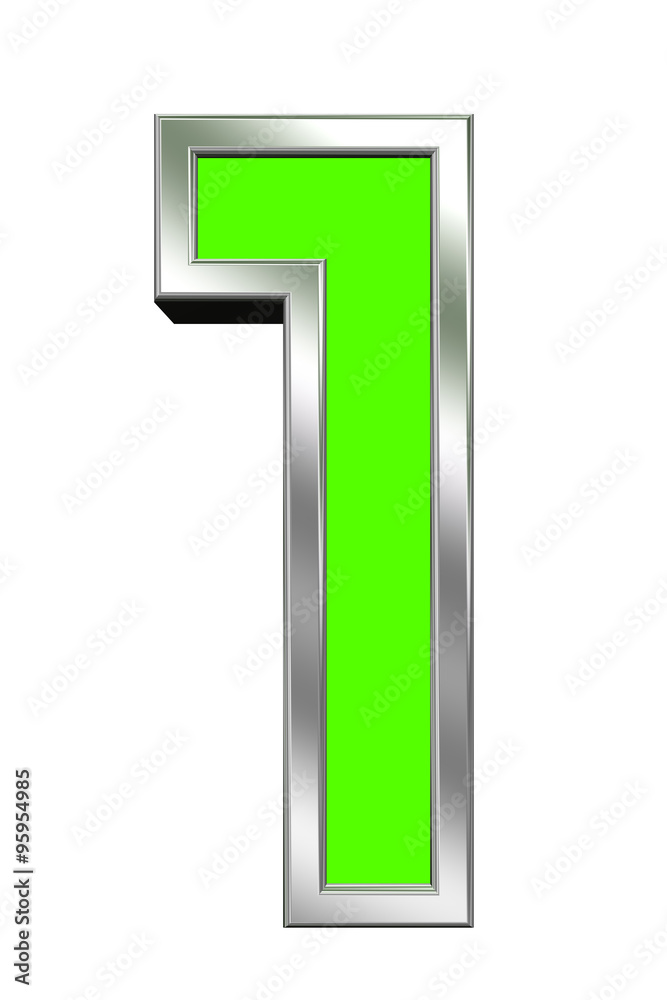 One digit from green with chrome frame alphabet set, isolated on white. Computer generated 3D photo rendering. One digit from green with chrome frame alphabet set, isolated on white. Computer generated 3D photo rendering.