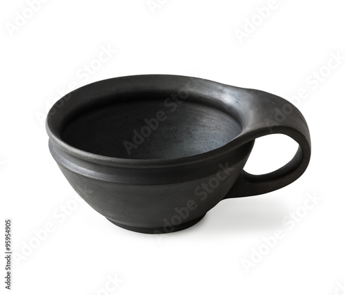 black pottery bowl with handle