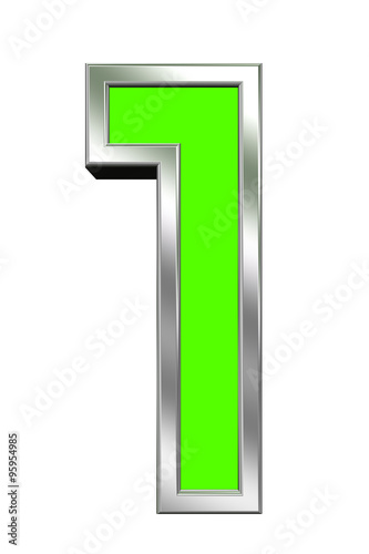 One digit from green with chrome frame alphabet set, isolated on white. Computer generated 3D photo rendering.