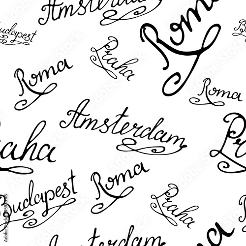 Travel seamless pattern. Background with city capitals. Hand drawing typography. Vector illustration