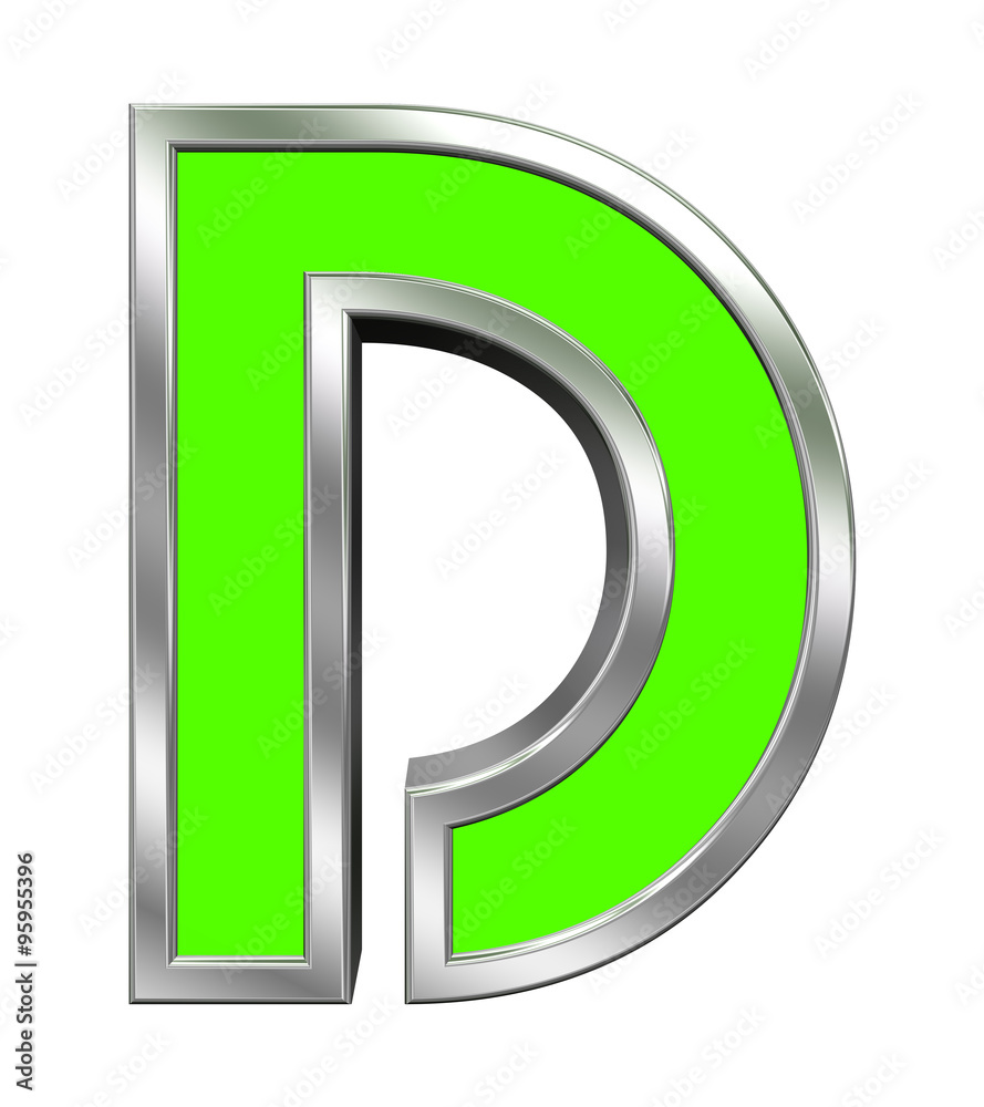 One letter from green with chrome frame alphabet set, isolated on white. Computer generated 3D photo rendering. One letter from green with chrome frame alphabet set, isolated on white. Computer generated 3D photo rendering.