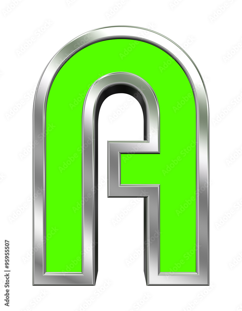 One letter from green with chrome frame alphabet set, isolated on white. Computer generated 3D photo rendering. One letter from green with chrome frame alphabet set, isolated on white. Computer generated 3D photo rendering.
