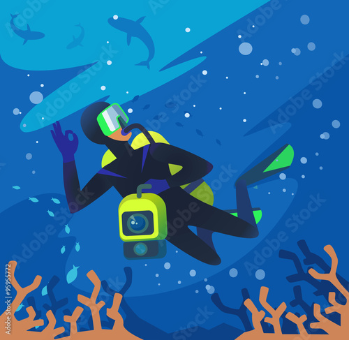 Diver underwater. Vector flat illustration