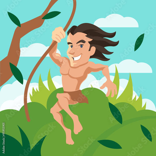 Tarzan swinging on a vine. Vector cartoon illustration photo