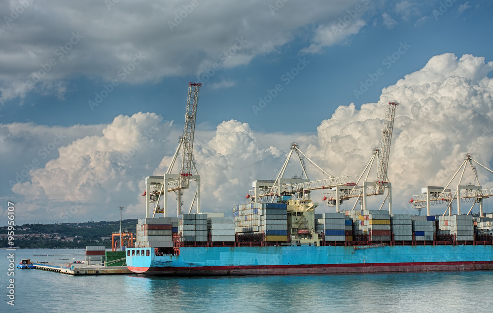Container ship in industrial seaport of Koper in Slovenia