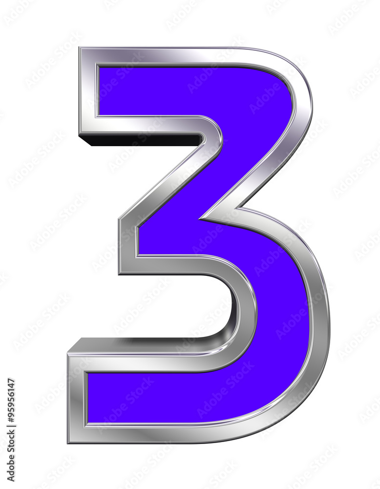 One digit from blue with chrome frame alphabet set, isolated on white. Computer generated 3D photo rendering. One digit from blue with chrome frame alphabet set, isolated on white. Computer generated 3D photo rendering.