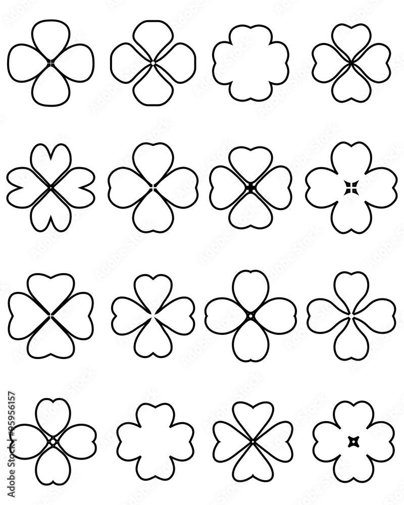 Fototapeta premium Outline silhouettes of four leaf clover, vector 