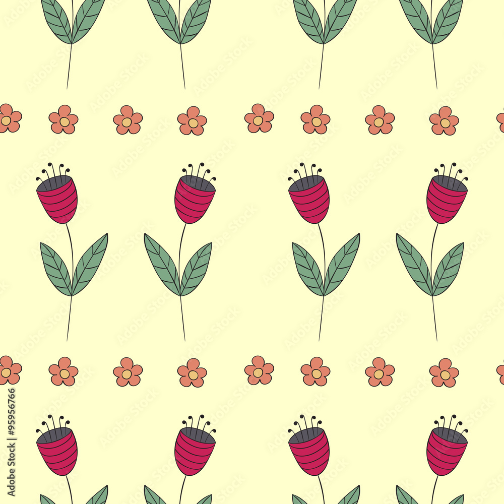 Naklejka premium Cute bellflowers seamless pattern. Vintage yellow background. Red flat flowers. Floral texture. Summer backdrop. Vector illustration.