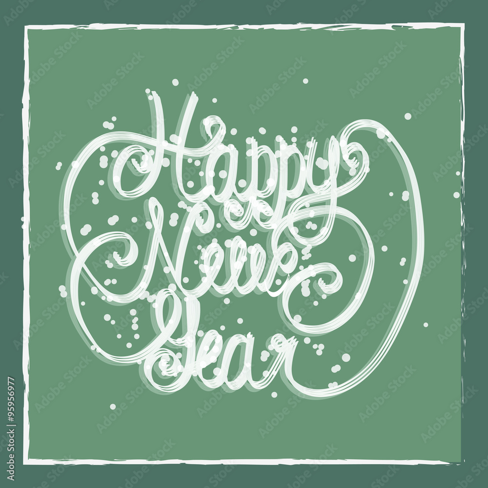 Happy New Year greeting card. Hand lettering. Handmade calligraphy, HNY logo.
Vector illustration. Light green background.