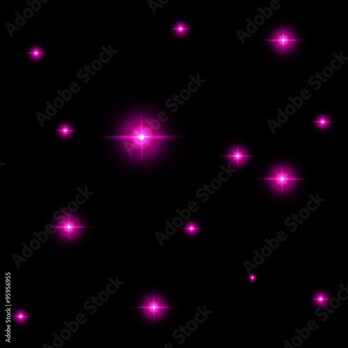 Seamless pattern of luminous stars. Illusion of light flashes. Pink flames on a black background. Abstract background. Vector illustration. 