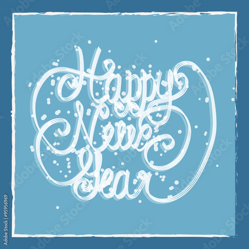 Happy New Year greeting card. Hand lettering. Handmade calligraphy, HNY logo. Vector illustration. Light blue background.
