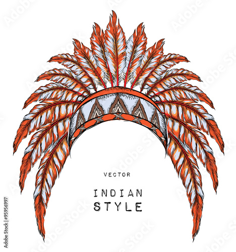 Native American Indian colored chief. Red and black roach. Indian feather headdress of eagle.