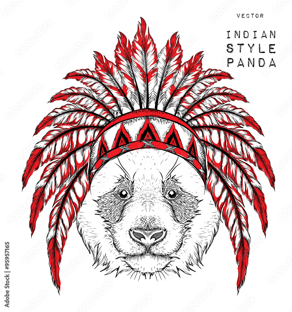 Panda in the Indian roach. Indian feather headdress of eagle. Hand draw  vector illustration Stock Vector | Adobe Stock