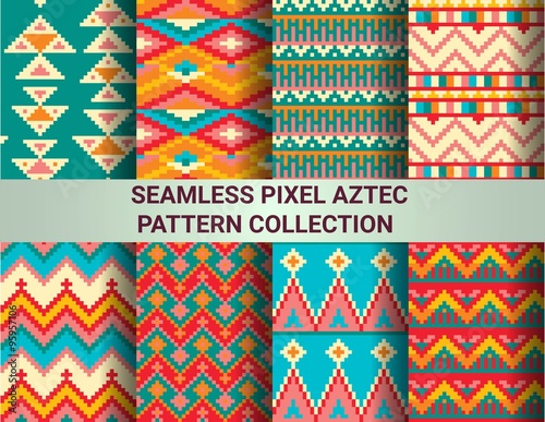 Collection of bright seamless pixel patterns in tribal style. Aztec geometric triangle and chevron patterns. Pantone colors.