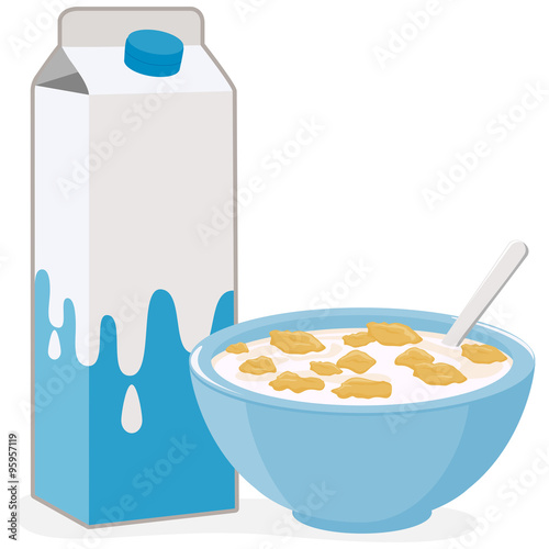 Bowl of corn flakes cereal and a carton of milk. Vector illustration