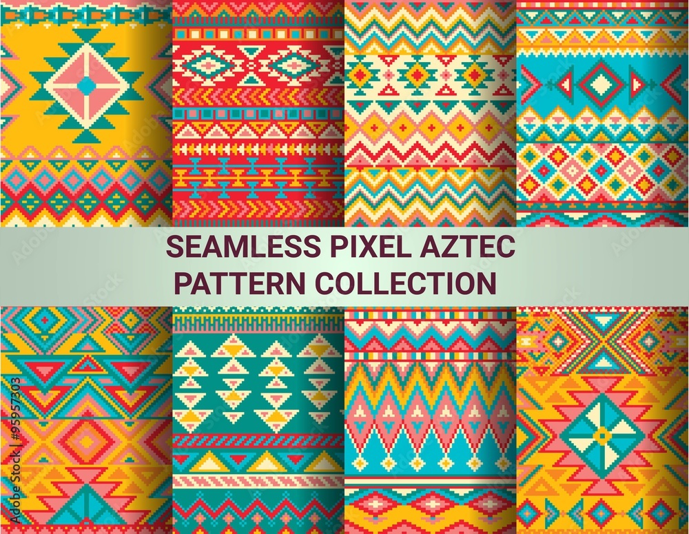 Collection of bright seamless pixel patterns in tribal style. Aztec geometric triangle and chevron patterns. Pantone colors.