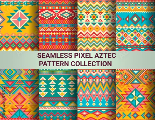 Collection of bright seamless pixel patterns in tribal style. Aztec geometric triangle and chevron patterns. Pantone colors.