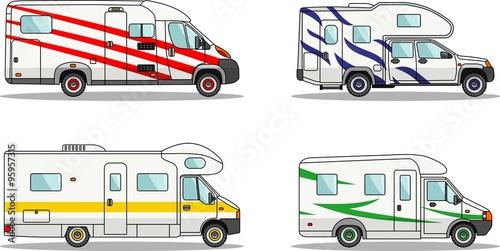 Set of car and travel trailers on a white background in flat style. Vector illustration