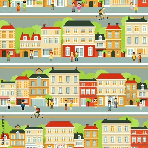 City street seamless background with people in flat style