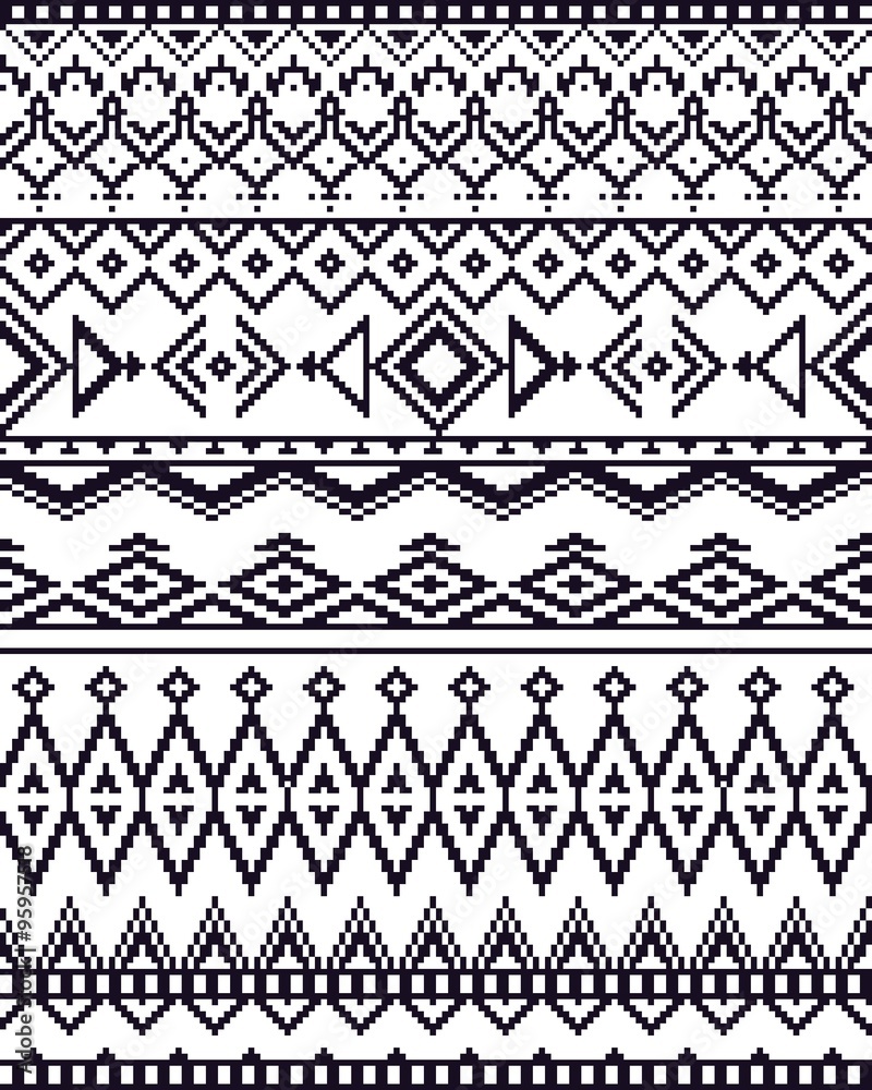 Monochrome seamless background with pixel pattern in aztec geometric tribal style. Vector illustration.