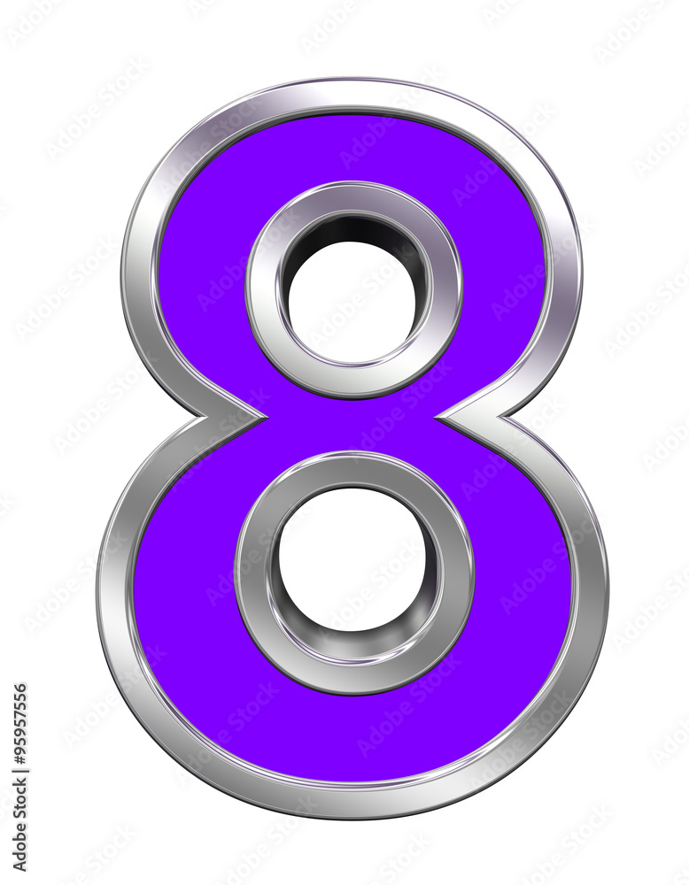 One digit from purple with chrome frame alphabet set, isolated on white. Computer generated 3D photo rendering. One digit from purple with chrome frame alphabet set, isolated on white. Computer generated 3D photo rendering.
