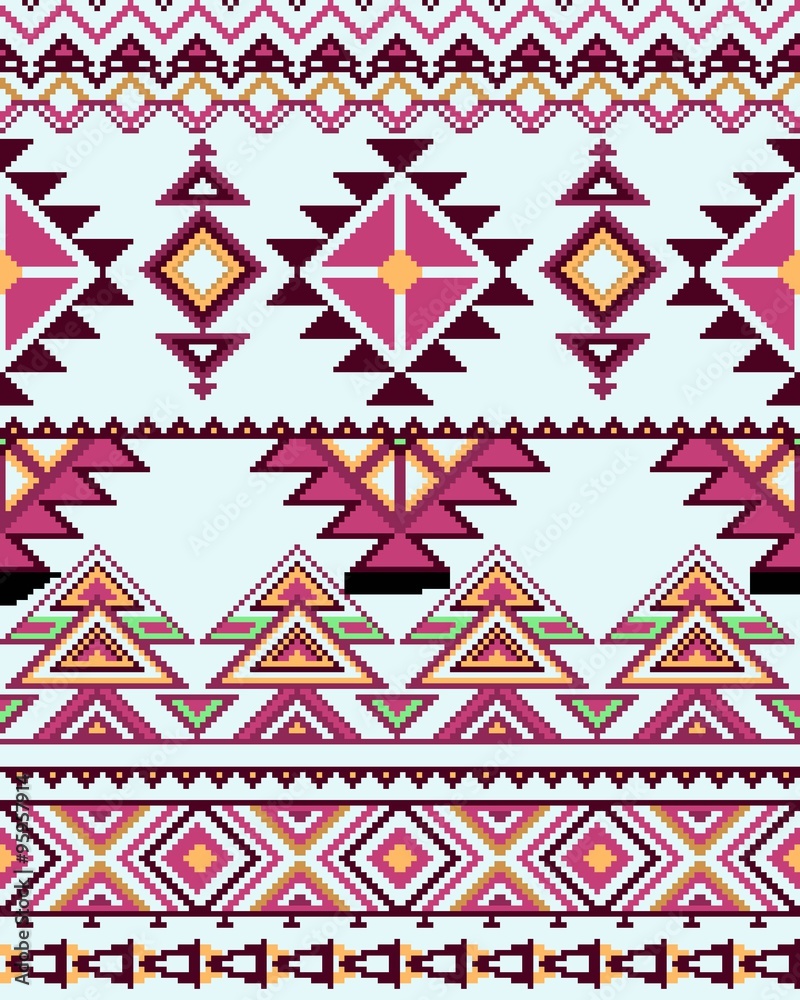 Bright seamless background with pixel pattern in aztec geometric tribal style. Vector illustration. Bright seamless background with pixel pattern in aztec geometric tribal style. Vector illustration.