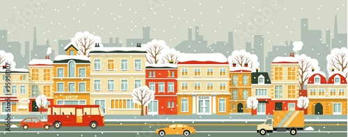 City street seamless winter background in flat style