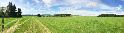 Panorama of country road in the green grass field, Orlic mountains, Czech republic photo