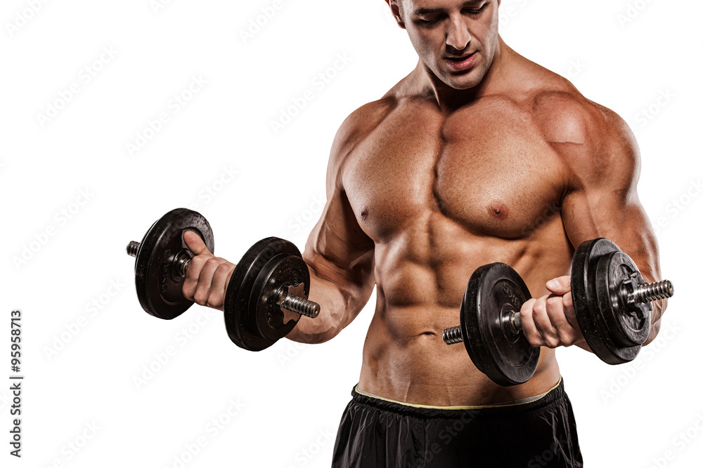 Muscular bodybuilder guy doing exercises with dumbbells isolated