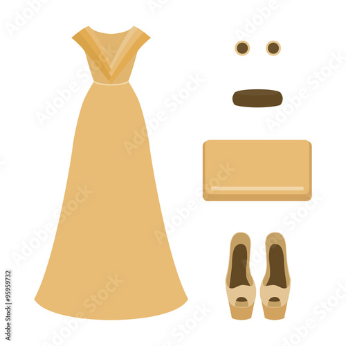 Set of  trendy women's clothes. Outfit of woman evening dress with accessories. Women's wardrobe. Vector illustration