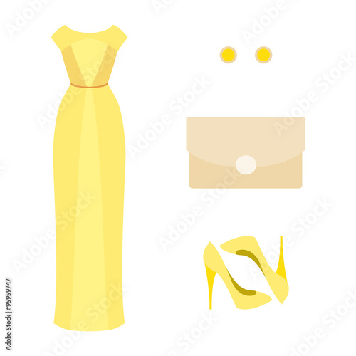 Set of  trendy women's clothes. Outfit of yellow woman evening dress and accessories. Women's wardrobe. Vector illustration