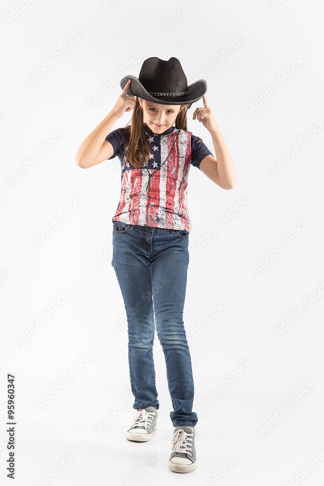 Little smiling girl wearing cowboy hat on white background Little smiling girl wearing cowboy hat on white background