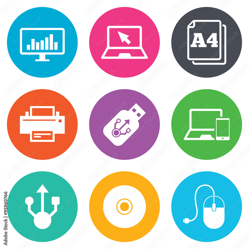 Computer devices icons. Printer, laptop signs. Computer devices icons. Printer, laptop signs.