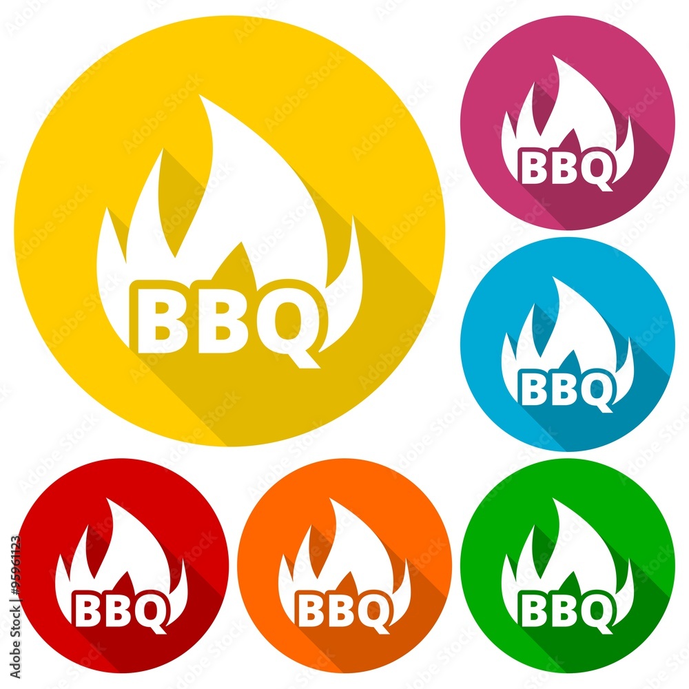 BBQ, Grill Or Barbecue icons set with long shadow BBQ, Grill Or Barbecue icons set with long shadow