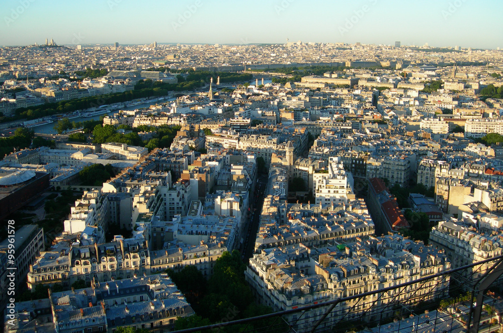 Aerial view of Paris from the Eiffel tower in sunset