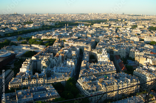 Aerial view of Paris from the Eiffel tower in sunset