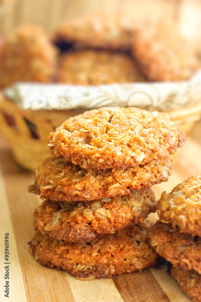 Homemade crispy cereal cookies on rustic wooden board. Homemade crispy cereal cookies on rustic wooden board.