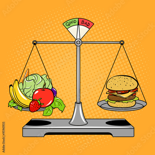 Balance scales with food comic book style vector