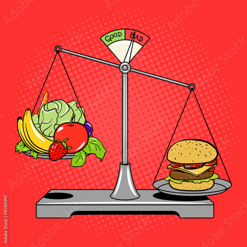 Balance scales with food comic book style vector