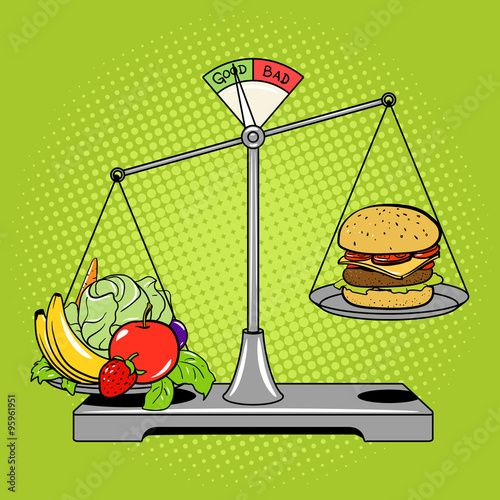 Balance scales with food comic book style vector photo